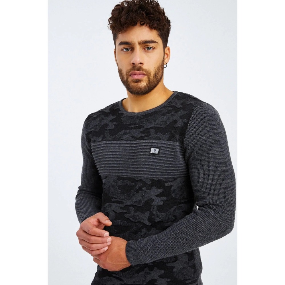 Leif Nelson Mens Sweater Medium Black Gray‎ Camo Crew Neck Long Sleeve Knit